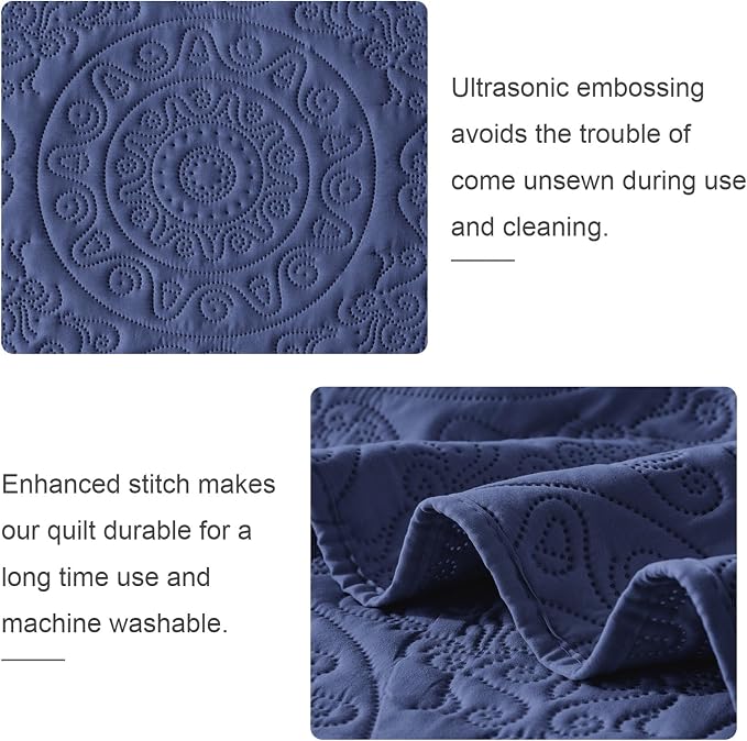 WURUIBO Navy Blue Quilt Set Queen Size, Embossing Microfiber Full Bedspreads - Image 5