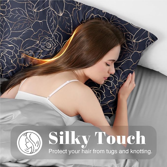 EXQ Home Satin Body Pillowcase for Hair and Skin- Rose on Blue Silk Long - Image 3