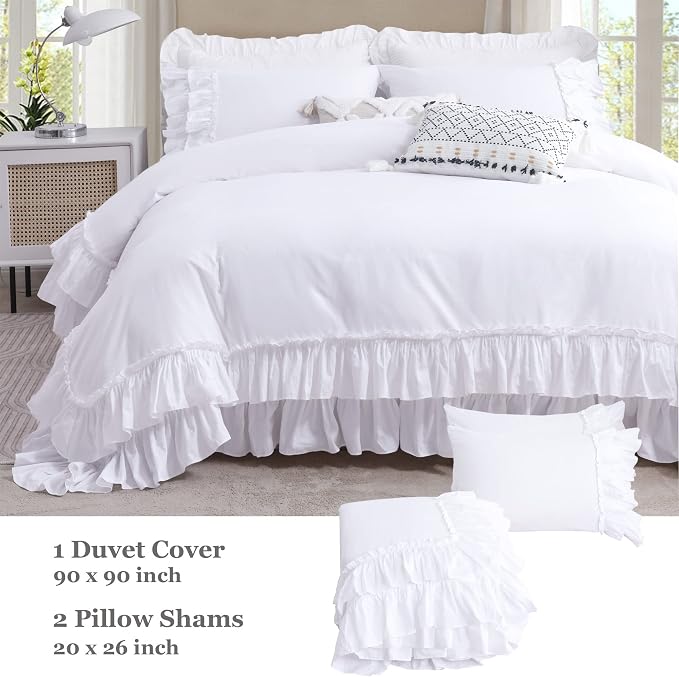 QSH Ruffle White Duvet Cover King Size-Washed Cotton Shabby Farmhouse Chic - Image 6