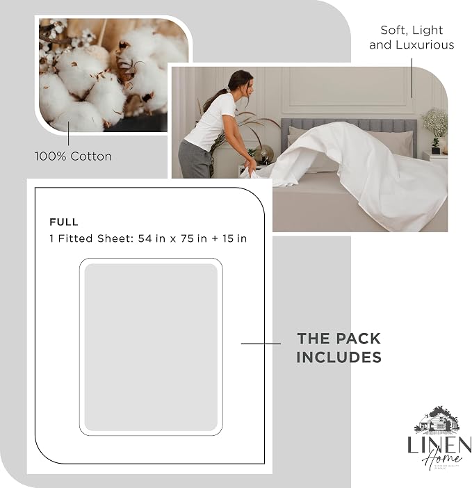 Linen Home 100% Cotton Percale Weave Fitted Sheet, Full Size, Dove Grey - Image 6