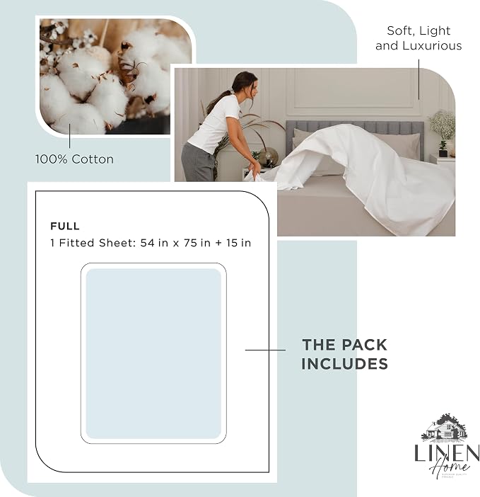 Linen Home 100% Cotton Percale Weave Fitted Sheet, Full Size, 1 Deep Pocket - Image 5