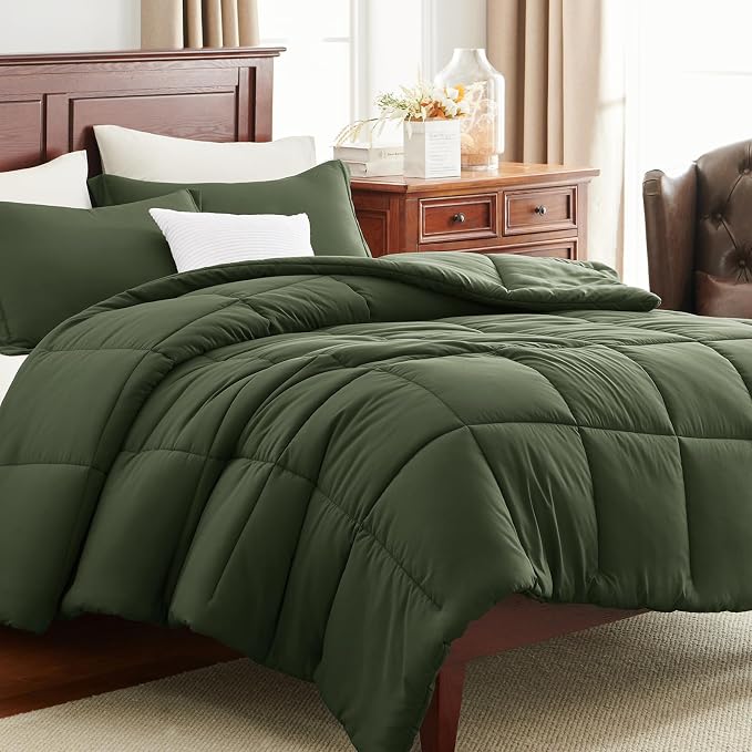 CozyLux Oversized King Comforter Set, 3 Pieces Olive Green 120x98 Box Stitched - Image 9
