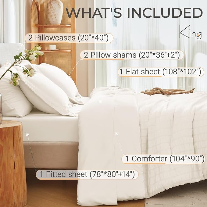 MUXHOMO 7 Pieces King Comforter Set, Seersucker Bed in a Bag King Size - Image 4