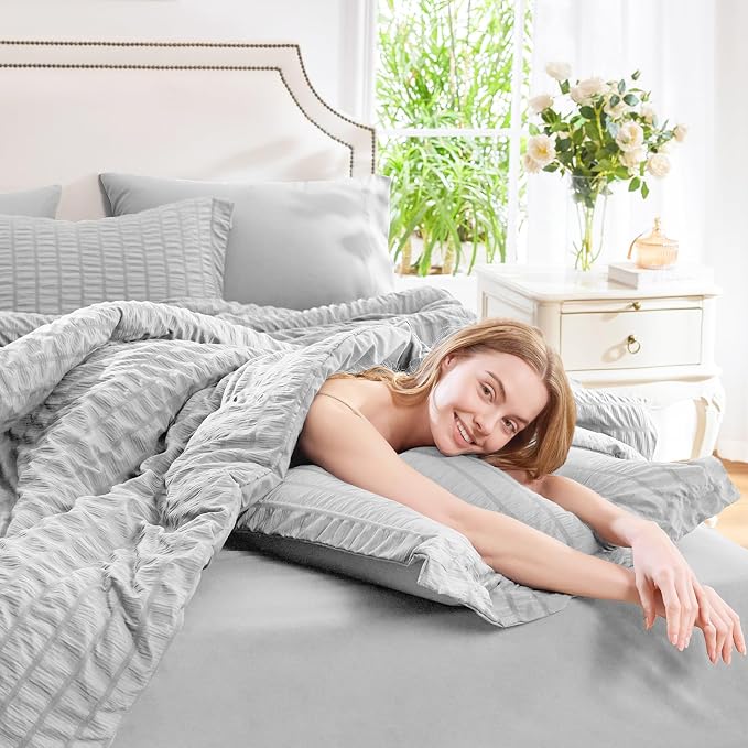 CozyLux Oversized Queen Comforter Set Light Grey Seersucker 7 Pieces 98x98 Bed - Image 7