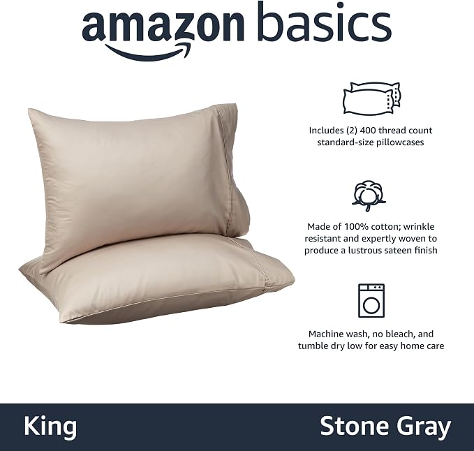 Amazon Basics 400 Thread Count Cotton Pillow Cases, Stone Gray, Pillows Not - Image 2