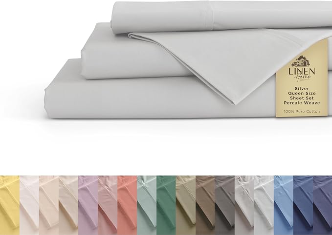 Linen Home 100% Cotton Percale Sheets Queen Size, Deep Pocket, 4 Pieces Set by LINENHOME