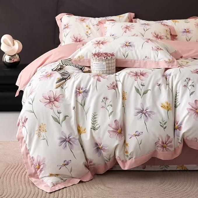 MKXI Garden Floral Duvet Cover Pink Princess Bedding White Aesthetic Duvet by MKXI