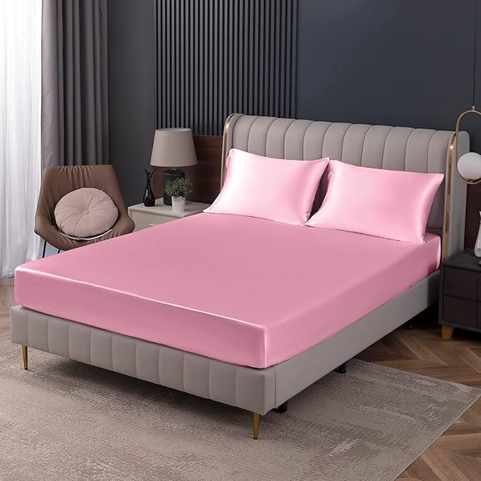 Homiest Pink Satin Fitted Twin XL Size Bed Sheet, Deep Pocket, Luxury & Ultra by Homiest