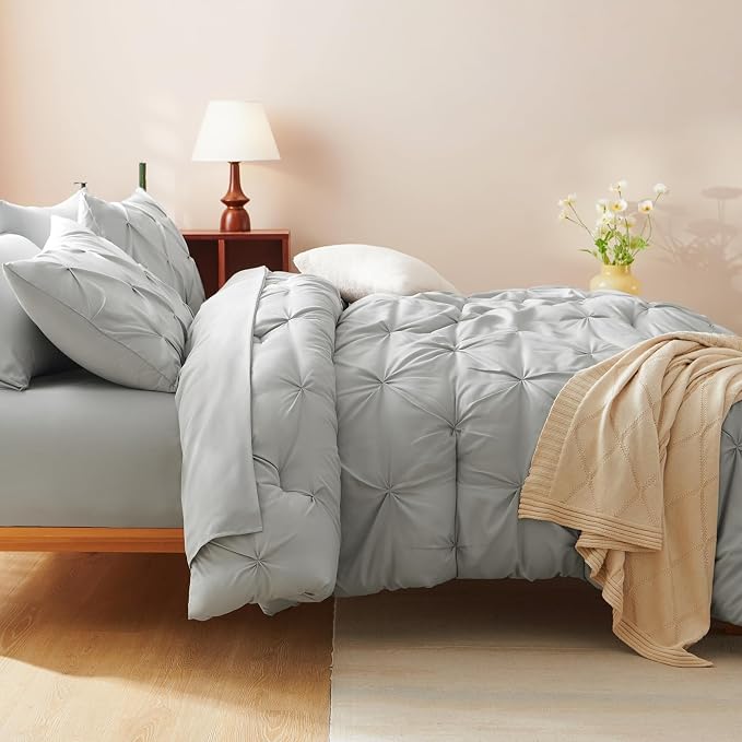 CozyLux King Size Comforter Set Light Grey, 7 Pieces Pintuck Bed in A Bag Gray - Image 9