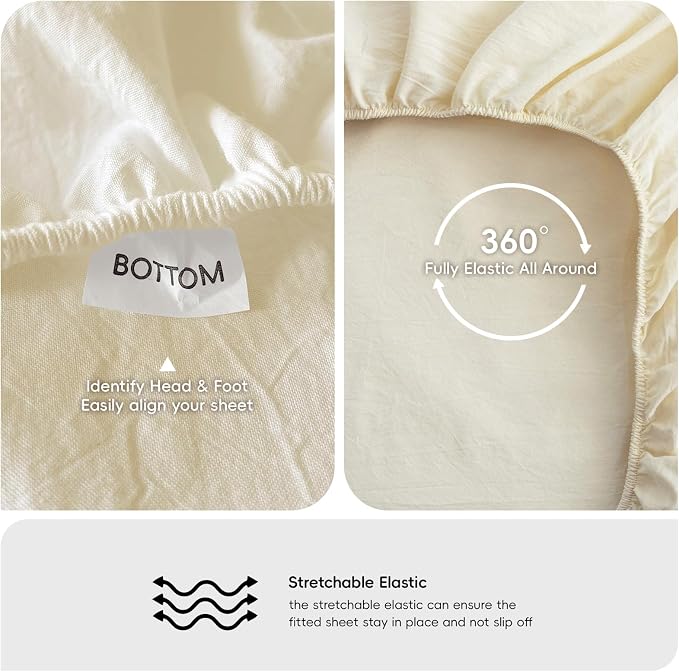 MooMee Fitted Bottom Sheet Only 100% Washed Cotton Linen Like Textured - Image 4