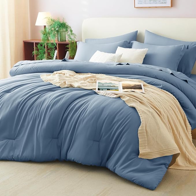 CozyLux Oversized Queen Comforter Set Grayish Blue, 7 Pieces Bed in a Bag by CozyLux