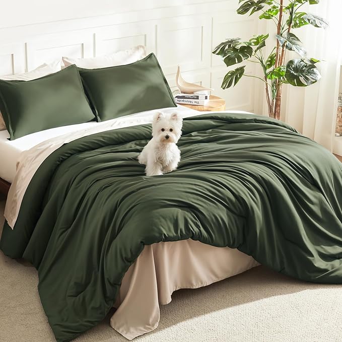 Litanika Dark Olive Green Comforter Set Queen, 3 Pieces Solid Bedding Comforter by Litanika