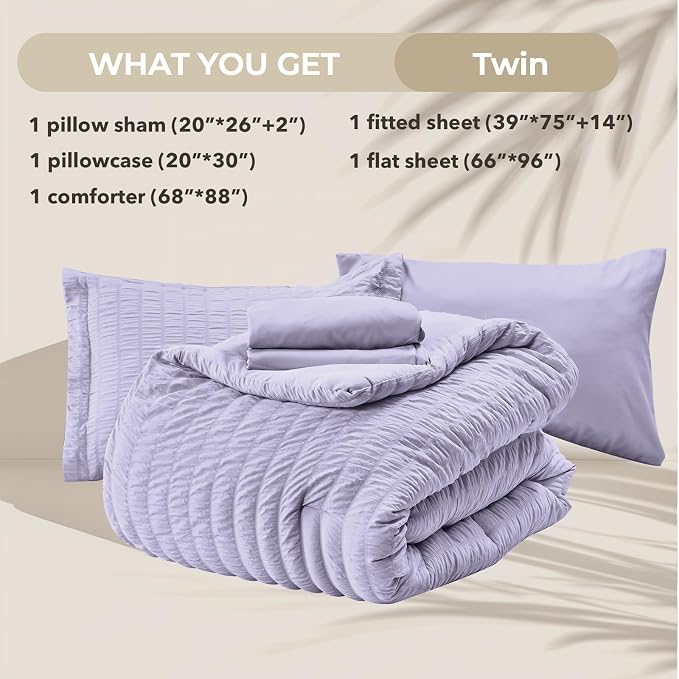 HYMOKEGE Light Purple Twin Comforter Set Seersucker 5 Pieces, All Season Luxury - Image 6