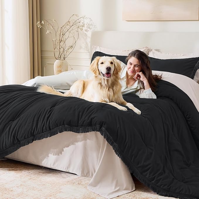 Andency Black Comforter Set Twin Size, 2 Pieces Boho Tassel Lightweight Bedding - Image 3