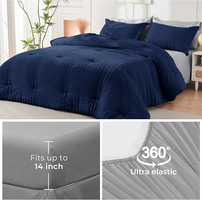 HYMOKEGE Navy Blue/Light Grey Full Size Comforter Sets Seersucker 7 Pieces - Image 6