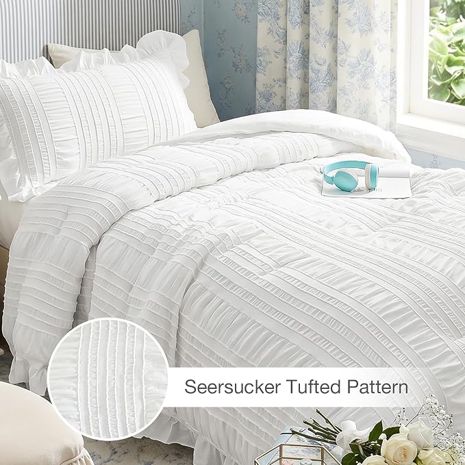 WONGS BEDDING White Comforter Set Twin, 3 Pieces Ruffle Shabby Chic Comforter - Image 4