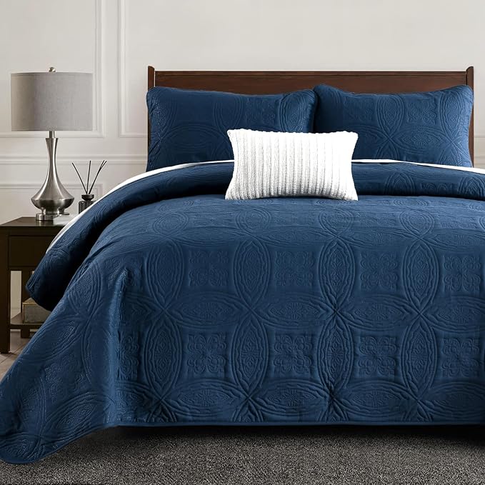 Yiran Navy Blue Quilt Set Queen Size Lightweight Bedspread Embossed Pattern by Yiran