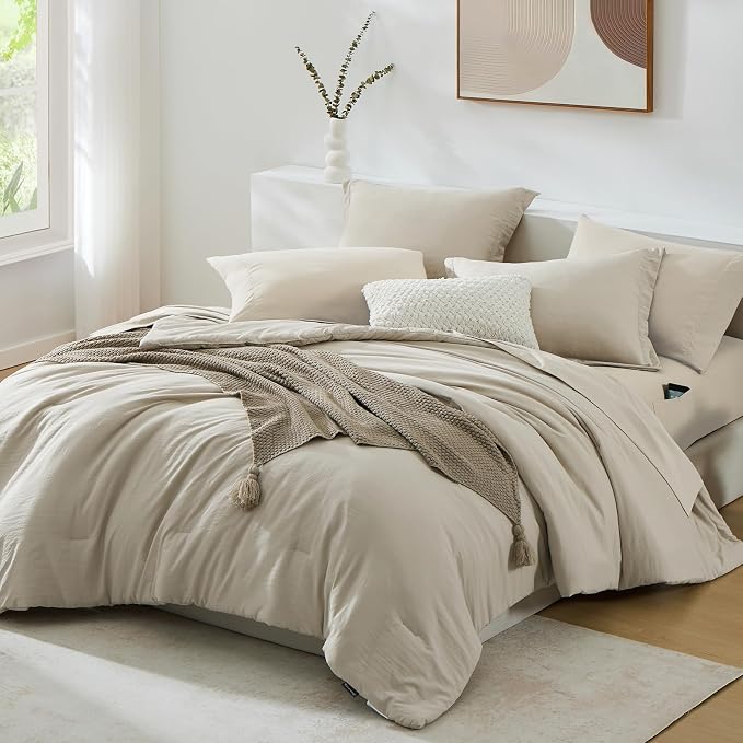 WRENSONGE Light Oatmeal Super King Plus Comforter Set, 7 Pieces Soft Microfiber - Image 2