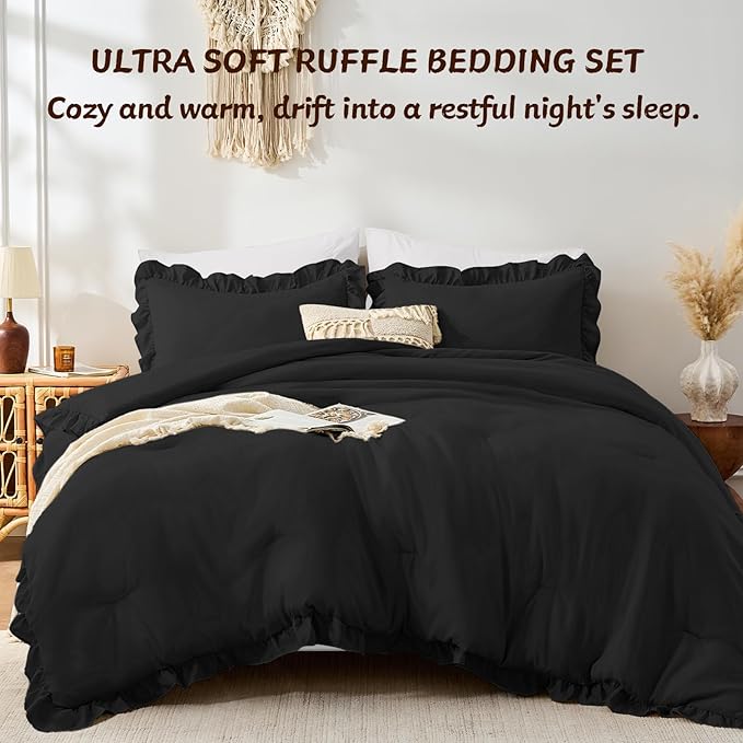 FUANNA King Size Comforter Set Black, 3 Pieces Ruffle King Bedding Set - Image 4