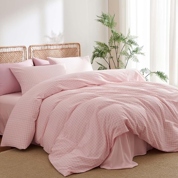 Nayoroom Gingham Duvet Cover Queen Size 100% Washed Cotton Pink Plaid Checkered - Image 3