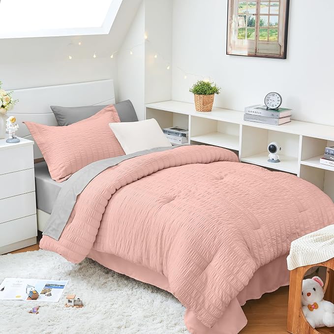 HYMOKEGE Rose Gold/Light Grey Twin XL Comforter Set Seersucker 5 Pieces by HYMOKEGE