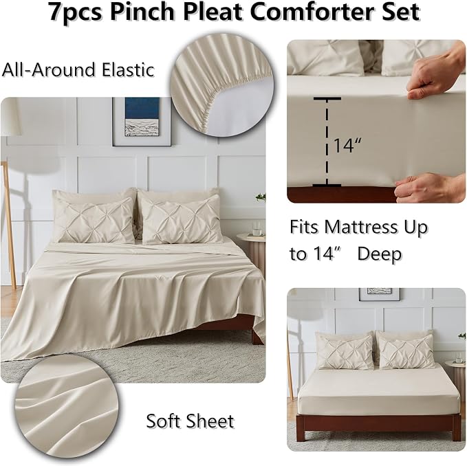 CozyLux Queen Comforter Set Oatmeal, 7 Pieces Pintuck Bed in A Bag, Premium - Image 5