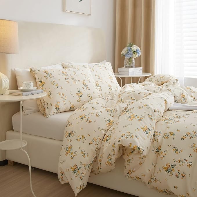 mixinni Aesthetic Floral Duvet Cover Set King Size, Farmhouse Boho Yellow - Image 2