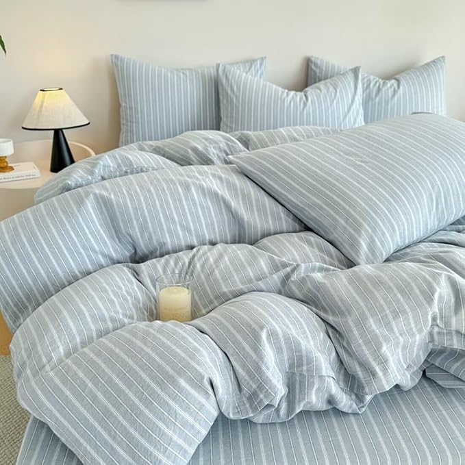 PinkMemory Blue Striped Duvet Cover Set Queen 100% Washed Cotton Blue Stripes - Image 4