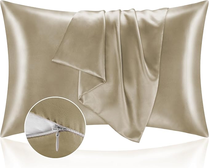BEDELITE Satin Pillowcase with Zipper, Taupe Pillow Cases Queen Size Set of 2 by BEDELITE