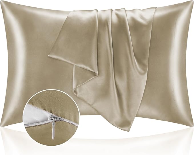 BEDELITE Satin Pillowcase with Zipper, Taupe King Size Pillow Cases Set of 2 by BEDELITE