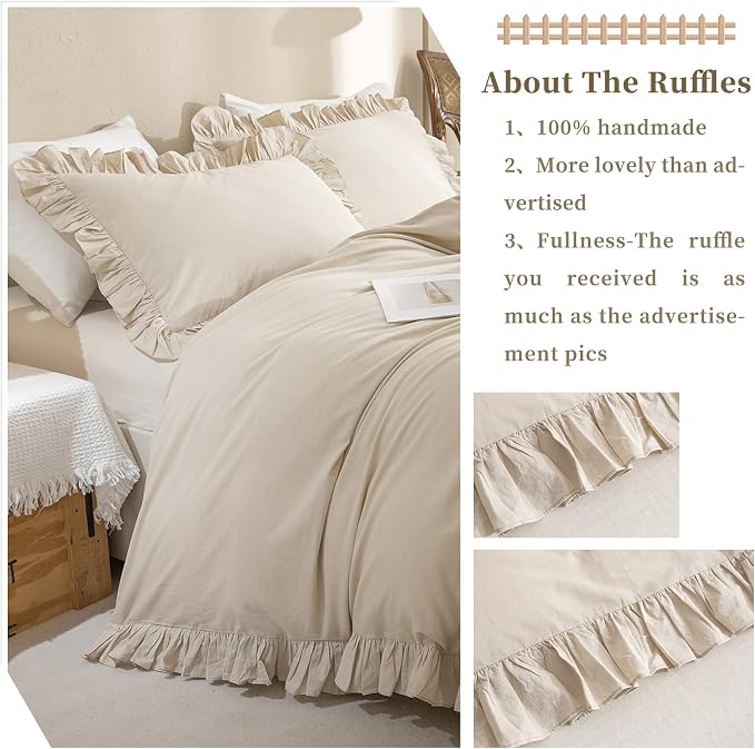 QSH Washed Cotton Duvet Cover King Ruffle Duvet Cover Linen Feel Textured - Image 5