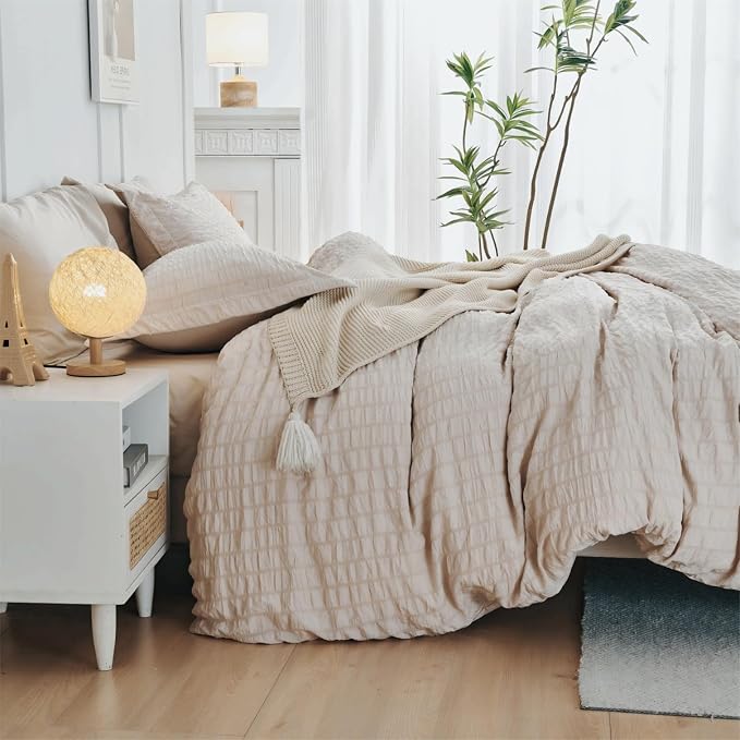 HYMOKEGE Beige Twin Size Duvet Cover, Ultra Soft 2-Piece Seersucker Duvet Cover - Image 5