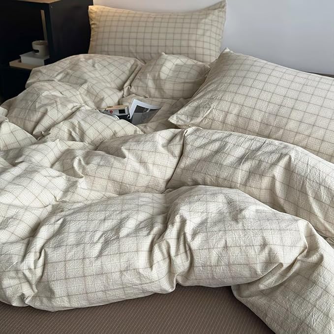 PinkMemory Beige Gingham Duvet Cover Bedding King 100% Washed Cotton Vintage - Image 3