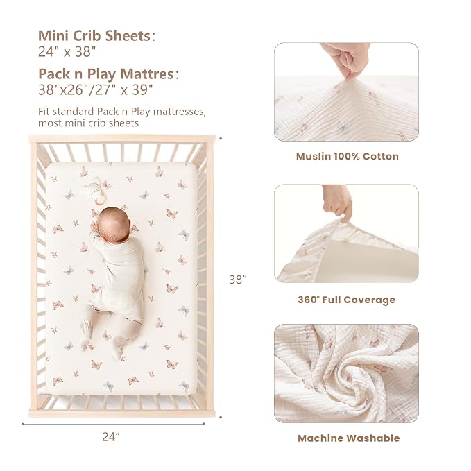 Konssy Muslin Mini Crib Sheets, 100% Soft Cotton Pack and Play Sheets - Image 3