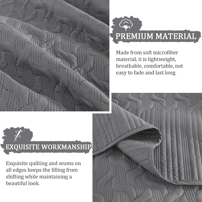 Yiran Grey Quilt Set Queen Size Lightweight Bedspread Ultrasonic Wave Pattern - Image 6