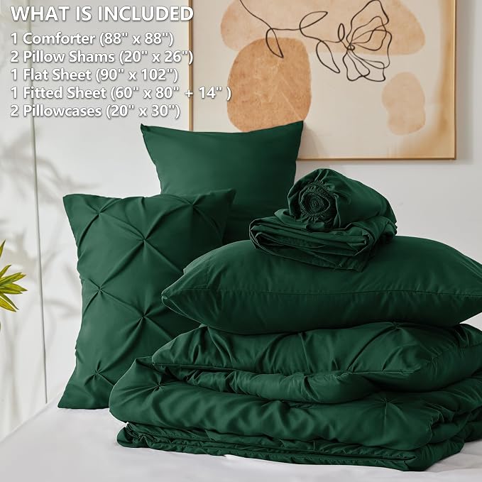 HIMEET Pintuck Bed in a Bag, 7 Pieces Queen Size Comforter Set Emerald Green - Image 8