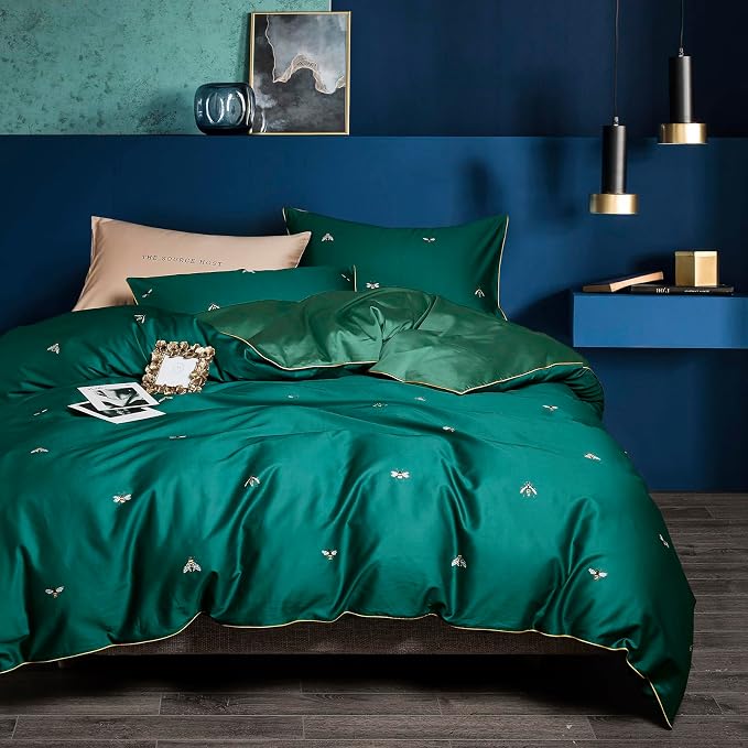 mixinni Dark Green Duvet Cover King Size, 100% Long Staple Cotton Honeybee by mixinni