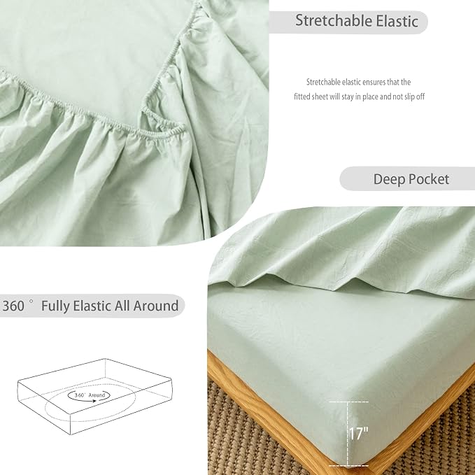 MooMee Fitted Bottom Sheet Only 100% Washed Cotton Linen Like Textured - Image 4