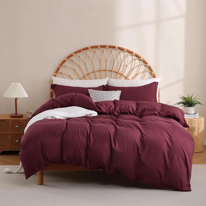 JSD Burgundy Duvet Cover Set Queen Size, 3 Piece Duvet Cover by JSD