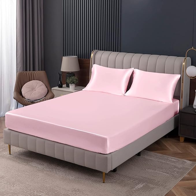Homiest Blush Pink Satin Fitted Sheet Twin XL Size, Deep Pocket, Luxury & Ultra by Homiest