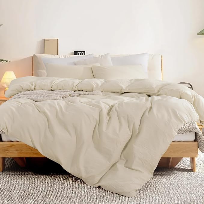 NEXHOME PRO Duvet Cover Set 100% Washed Cotton Full Size Linen Feel Textured - Image 4