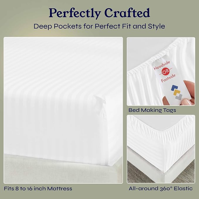 California Design Den Cotton Sateen Damask Stripe Queen Size Fitted Sheet Only - Image 6