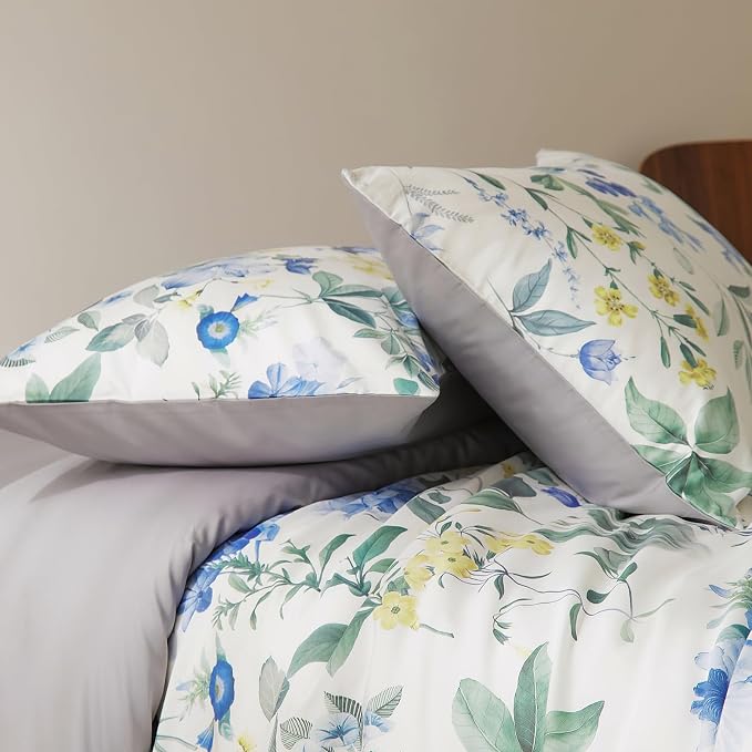 mixinni Reversible Floral Duvet Cover Set Queen Size, 3 Piece Blue Green - Image 5