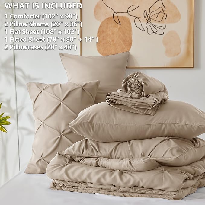CozyLux King Size Comforter Set Khaki, 7 Pieces Pintuck Bed in A Bag Khaki - Image 5
