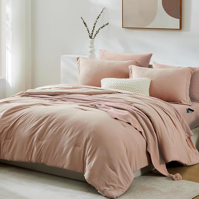 WRENSONGE King Comforter Set, 7 Pieces Clay Pink Soft Bed in a Bag King - Image 2