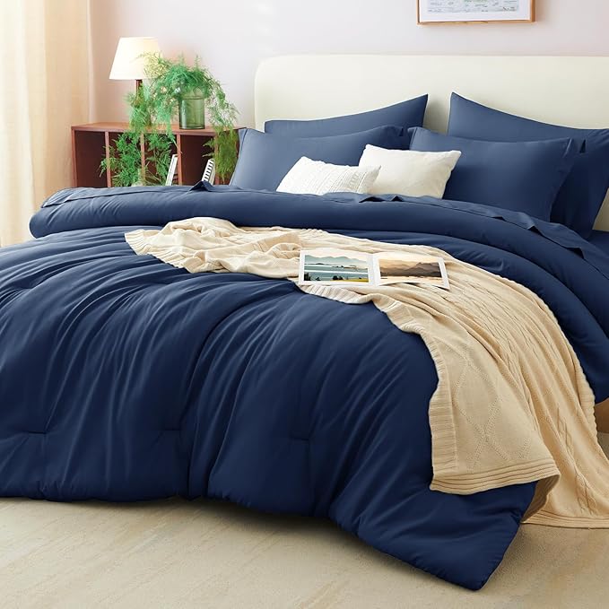 CozyLux Queen Comforter Set Navy Blue, 7 Pieces Bed in a Bag Queen Comforter Set by CozyLux