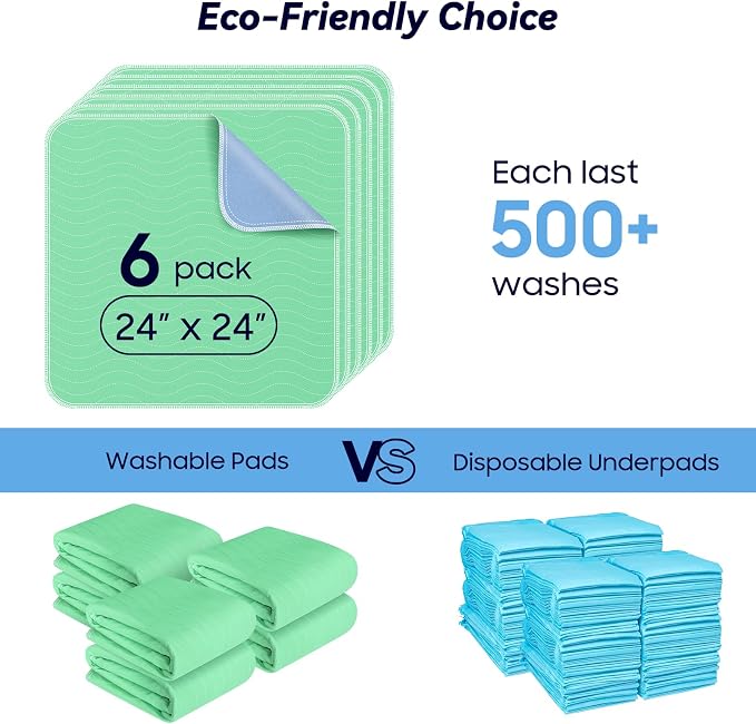 6 Pack 24” x 24” Extra Heavy Absorbency Washable Underpads, Waterproof Nursing - Image 6
