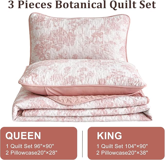 WONGS BEDDING Quilt Set Queen Size, 3 Pieces Pink Floral Plants Printed - Image 7