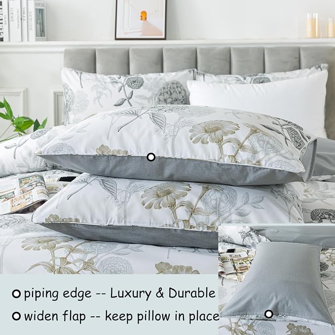 FADFAY Floral Duvet Cover Sets King/Cal King 100% Cotton Ink Grey Vintage - Image 4