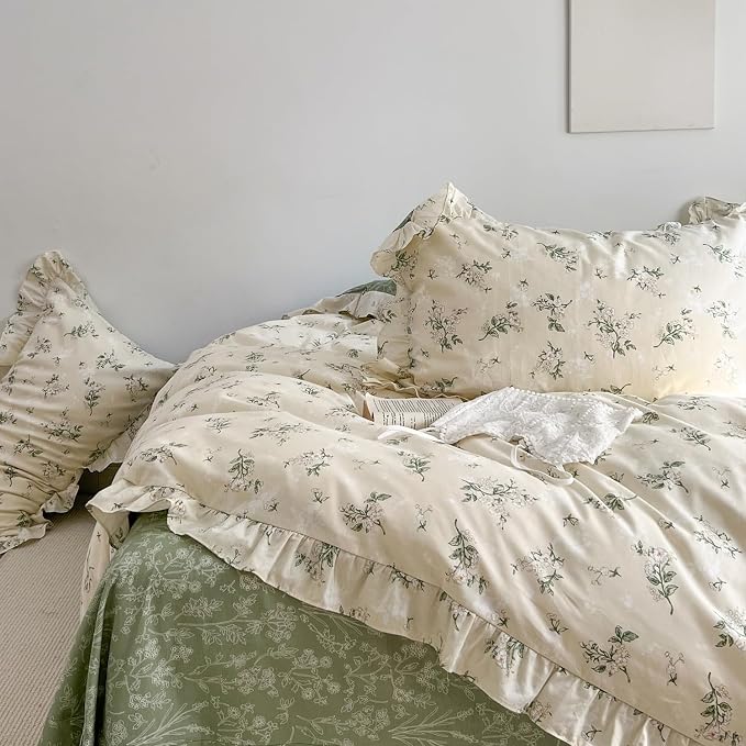 MKXI Botanical Floral Duvet Cover Twin Beige Girls Floral Ruffled Bedding Set - Image 8